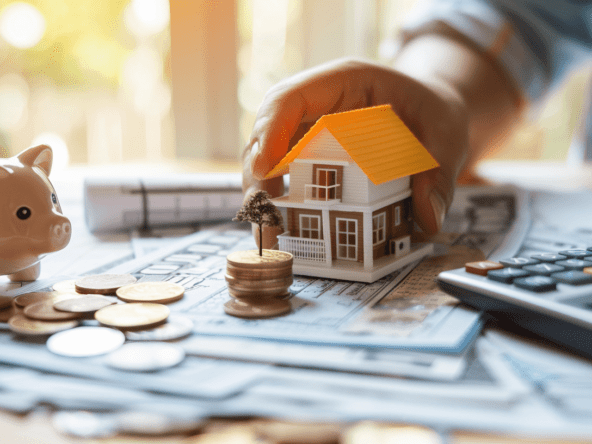A hand holding a miniature house on a desk with coins, paper work and a piggy bank on a desk.