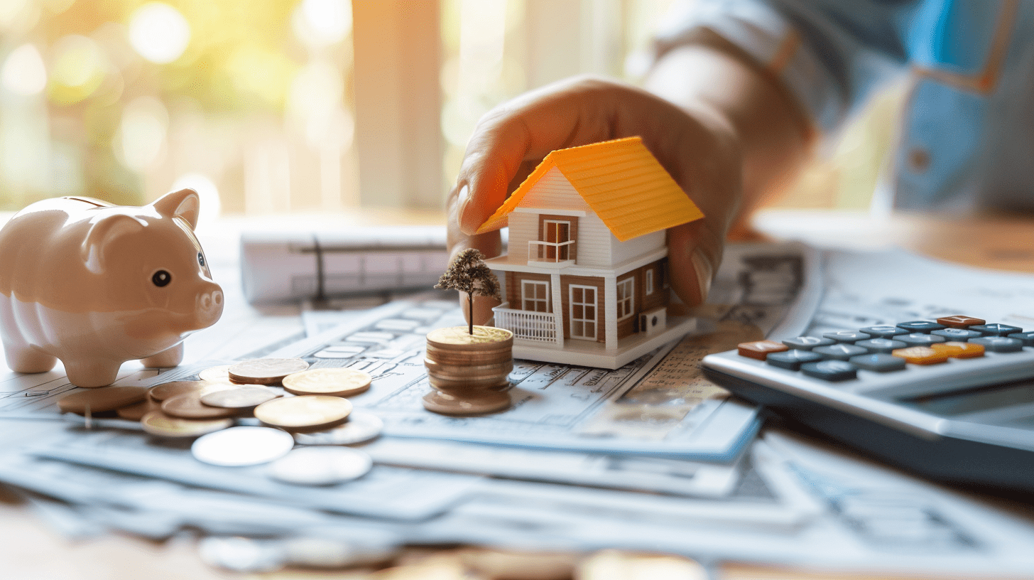 A hand holding a miniature house on a desk with coins, paper work and a piggy bank on a desk.