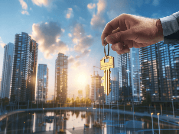 A set of property keys being held in the air by a male hand with buildings in the background.