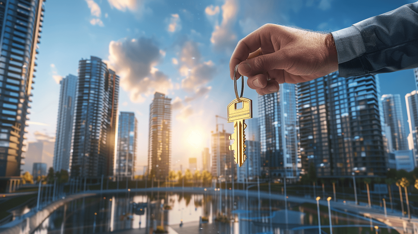 A set of property keys being held in the air by a male hand with buildings in the background.