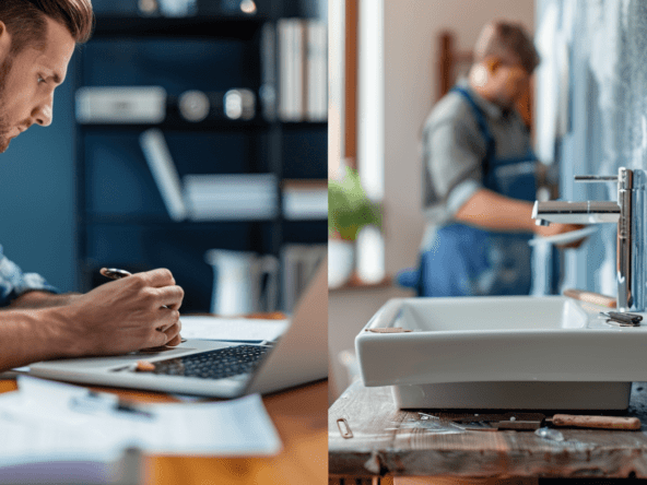 A split image of a property manager on the left doing paperwork and a property maintenance manager on the right doing manual work.