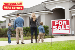 Bungalow for sale, Family walking toward the door to view the property with a red for sale sign outside.